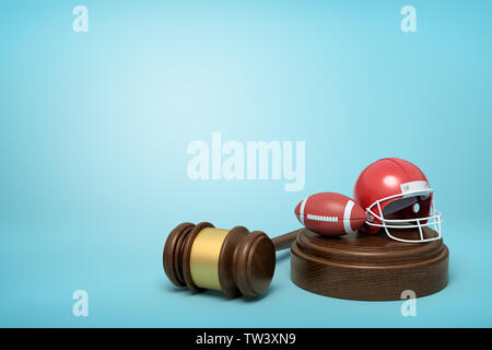 3d rendering of ball and helmet for American football on sounding block with judge gavel lying beside on light-blue background. Stock Photo