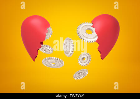 3d rendering of silver gear wheels falling between two red broken heart pieces on yellow background Stock Photo