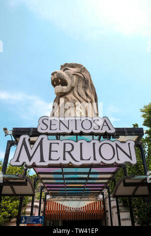 The Sentosa Merlion 37 meter tall viewing tower depicting the mythical creature with a lions head and fish body with 360 degree views over the island. Stock Photo