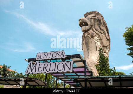 The Sentosa Merlion 37 meter tall viewing tower depicting the mythical creature with a lions head and fish body with 360 degree views over the island. Stock Photo