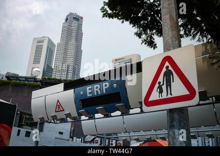 ERP gantry sign in Singapore, Electronic Road pricing System which charges motorists a fee during busy times to help stop congestion. Stock Photo