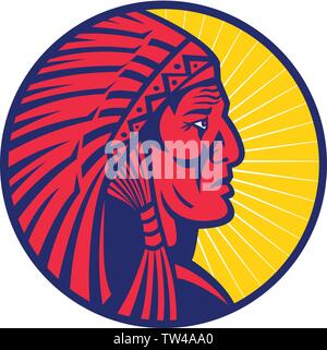 Mascot icon illustration of head of an old Native American Indian chief wearing feather headdress or war bonnet viewed from side set inside circle on Stock Vector