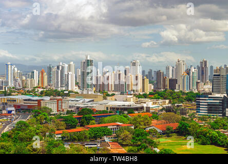 The urban skyline of Panama City with its impressive skyscrapers at sunrise, Panama. Stock Photo