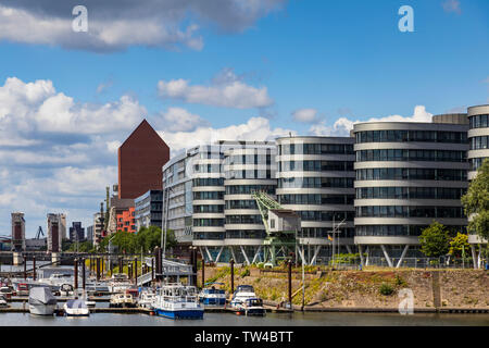 Innenhafen harbour with the NRW State Archive at the back, Landesarchiv Nordrhein-Westfalen, Duisburg, Ruhr Area, North Rhine-Westphalia, Germany Stock Photo