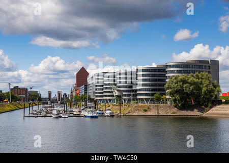 Innenhafen harbour with the NRW State Archive at the back, Landesarchiv Nordrhein-Westfalen, Duisburg, Ruhr Area, North Rhine-Westphalia, Germany Stock Photo