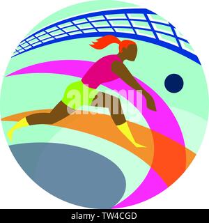Icon retro style illustration of a female volleyball player passing ball with net in background set inside circle  on isolated background. Stock Vector