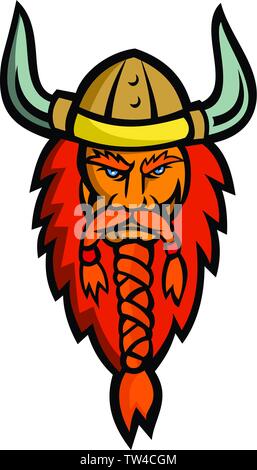 Mascot icon illustration of head of an angry Viking, Norseman or Norse seafarer viewed from   front on isolated background in retro style. Stock Vector