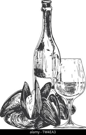 Vector composition with mussels, wine bottle and glass Stock Vector