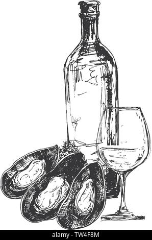 Vector composition with mussels, wine bottle and glass Stock Vector