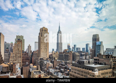 New York, USA. May 3rd, 2019. City skyline. Aerial view of Manhattan skyscrapers and Empire state building, blue sky with clouds background Stock Photo