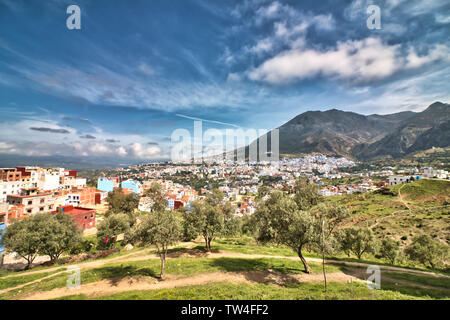Panoramic view of Chaouen (or Chefchaouen), the so-called blue city, one of the most visited places by tourists in northern Morocco. Stock Photo