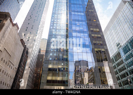 New York, USA. May 2nd, 2019. City National Bank glass building facade background, Manhatan Stock Photo