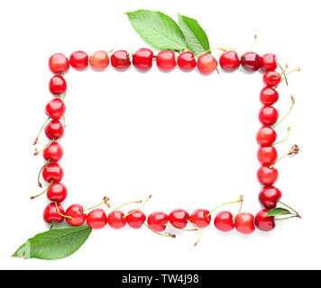 Rectangle made of fresh cherries on white background Stock Photo