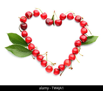 Heart made of fresh cherries on white background Stock Photo