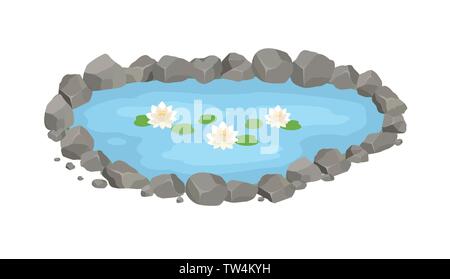 Cartoon vector garden pond illustration with water, stones and water lilies. Stock Vector