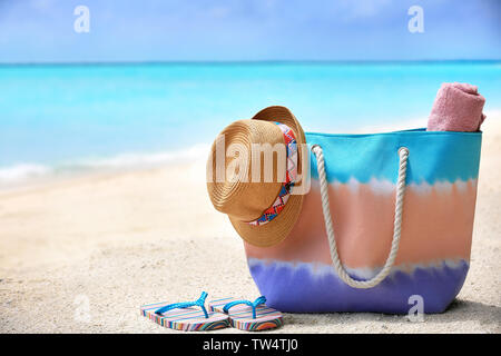 Summer beach set on swimming pool water background Stock Photo - Alamy