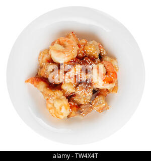 Deep fried eggplant and shrimps in sweet-sour sauce, isolated on white Stock Photo