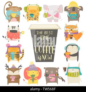 Cute animals in sweater and scarf drinking coffee Stock Vector