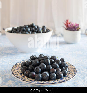 Fresh picked blueberries in a light and bright kitchen environment. Stock Photo