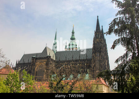 The Gothic towers of St. Vitus Cathedral, immersed in spring flowers. Prague, Czech Republic Stock Photo