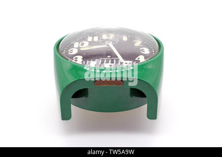 Vintage Junghans plastic green alarm clock, isolated on white background, close-up Stock Photo