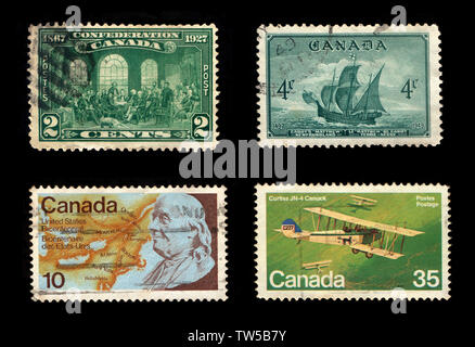 Postage Stamps of Canada (Isolated on black background) Stock Photo