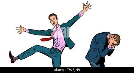 two businessmen. different emotions happiness joy smile and panic sadness fear Stock Vector