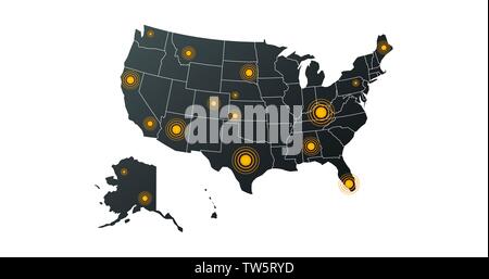 world map with abstract epicenters of cyber attacks or disasters. concept of warning of international influence. simple flat style trend modern Stock Vector