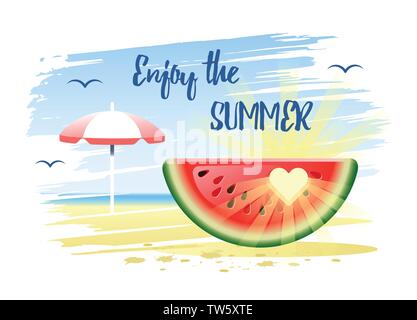 Enjoy The Summer. Summer Holidays concept with watermelon, sun and beach umbrella on the sand beach background. Vector illustration. Stock Vector