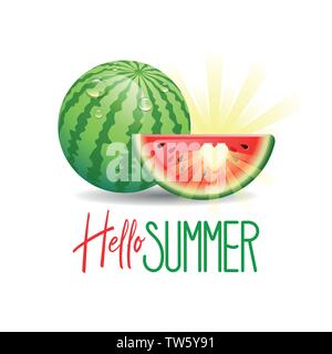 Hello Summer. Summer Holidays concept with sun and watermelon on white background. Vector illustration. Stock Vector