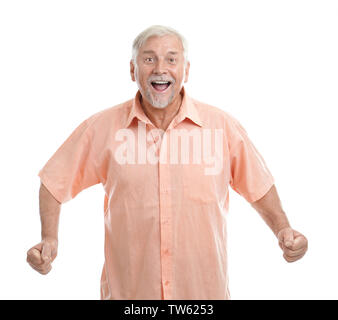Emotional elderly man in casual clothes on white background Stock Photo