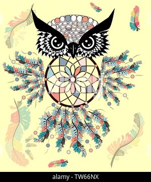 decorative dream catcher in graphic style with owl skull. Stock Vector