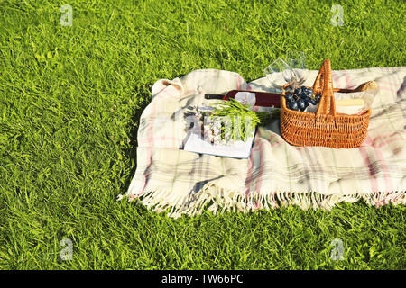 Composition with picnic basket on blanket outdoors Stock Photo