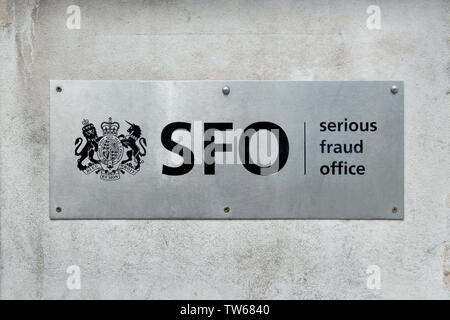 The sign of the Serious Fraud Office (SFO) outside the organisation's offices on Cockspur Street in London. Stock Photo