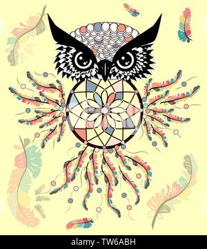 decorative dream catcher in graphic style with owl skull. Stock Vector