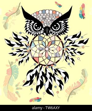 decorative dream catcher in graphic style with owl skull. Stock Vector