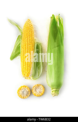 Ripe corn cobs on white background Stock Photo