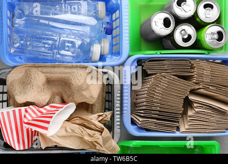 Many containers with garbage, top view Stock Photo