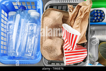 Many containers with garbage, top view Stock Photo