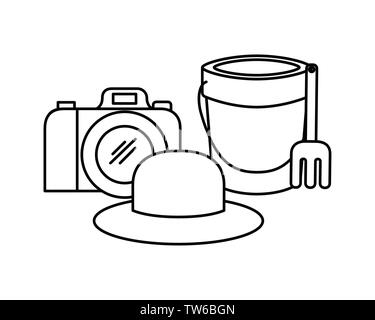 silhouette of sand bucket and camera photographic Stock Vector