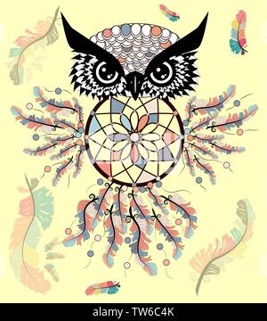 decorative dream catcher in graphic style with owl skull. Stock Vector