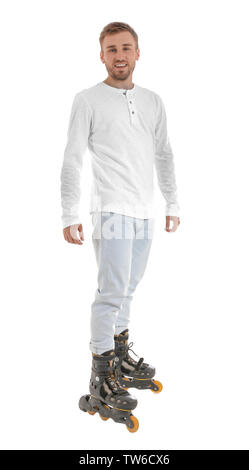 Man on roller skates against white background Stock Photo