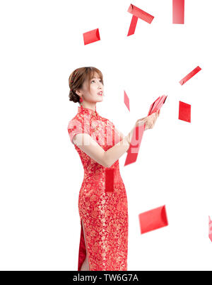 Red envelopes rain beauty on white background Stock Photo