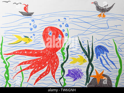 A Child S Drawing of an Underwater Scene, Creatures Swimming in the Ocean  Stock Illustration - Illustration of colorful, pencil: 274570971
