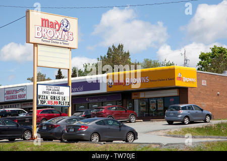 Sackville, Nova Scotia, Canada- June 15, 2019: A Mary Browns Fried Chicken eatery with Pizza Girls and other businesses in the strip Stock Photo