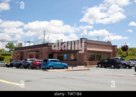 Sackville, Nova Scotia, Canada- June 15, 2019: Exterior view across the parking lot of a Wendy's restaurant Stock Photo