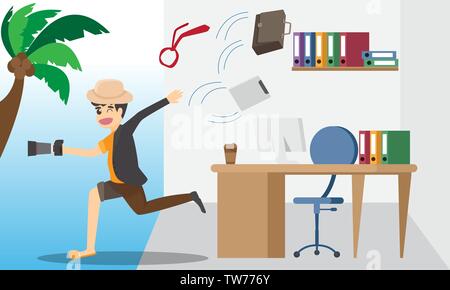 Business man are very happy, running out of his office and changing clothes into a set for tourism. Man in suit running from office to the beach. Esca Stock Vector