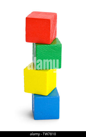 Stack of Four Colored Wood Blocks Isolated on White Background. Stock Photo