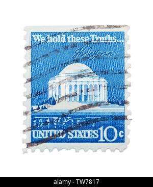 Old Ten Cent Jefferson Monument Stamp Isolated on White. Stock Photo