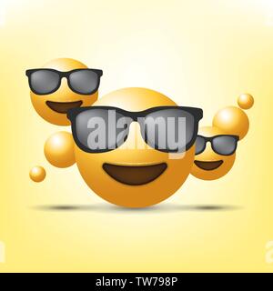 Cute smiling emoticon wearing black sunglasses, smiley. Stock Vector